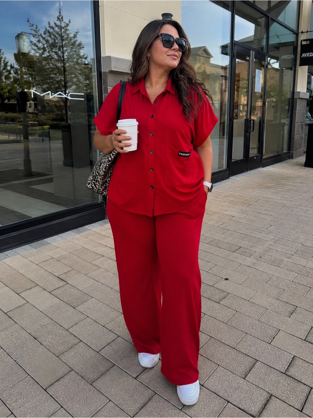 Relaxed Red Short-Sleeve Button-Up Jumpsuit